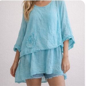 Colette Italy Linen Cotton Boho Blouse Tunic | Made in Italy Turquoise Gauze Top